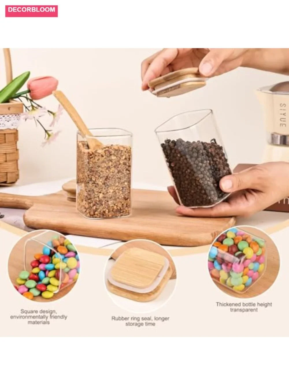 12-Pack 6oz Square Glass Spice Jars with Bamboo Lids and Labels